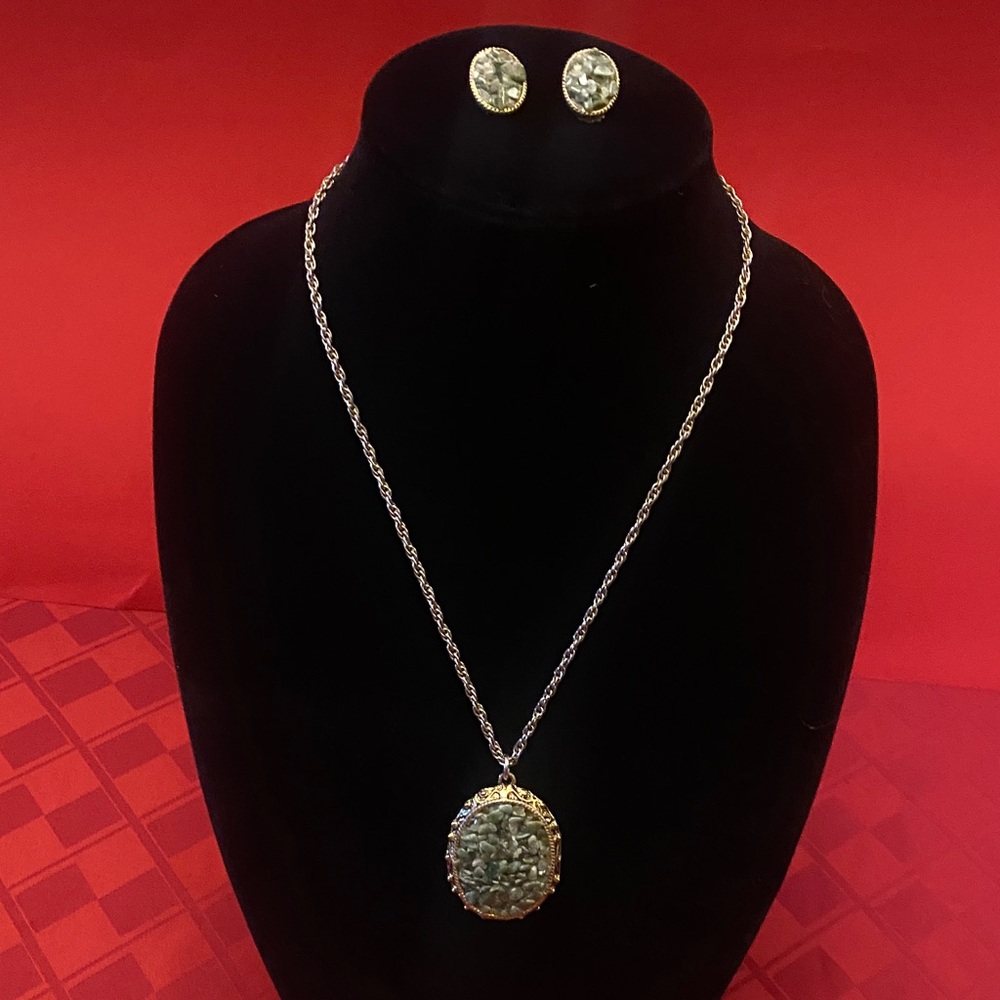 Crushed Jade vintage pendant with clip on earrings also with crushed Jade